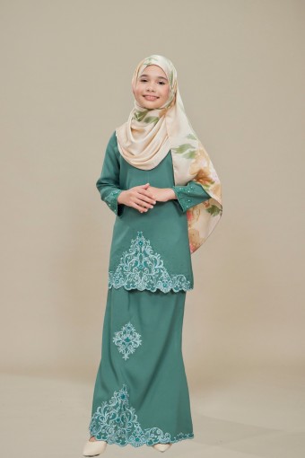 Raina Kurung Sulam Dusty Green Kids