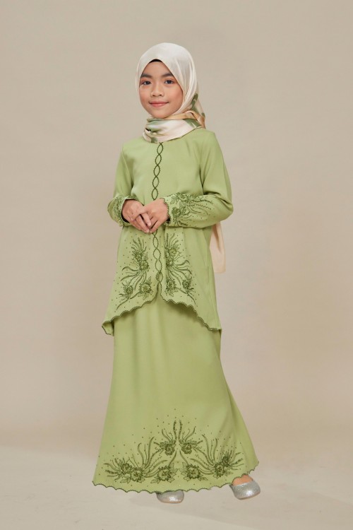 Charlene Kurung Sulam Kids Sage Green