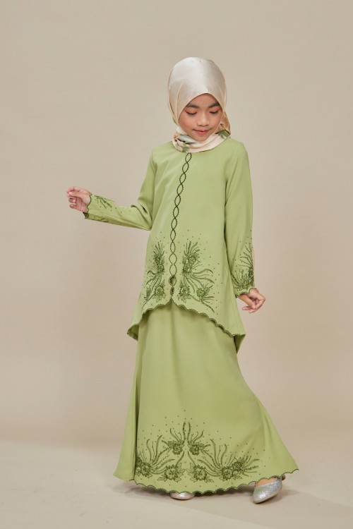 Charlene Kurung Sulam Kids Sage Green