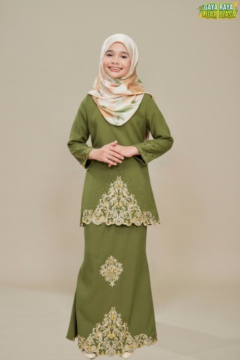 Raina Kurung Sulam Olive Green Kids