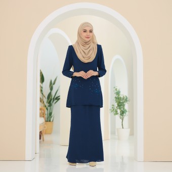 Tiffany Kurung Moden Ironless Navy Blue